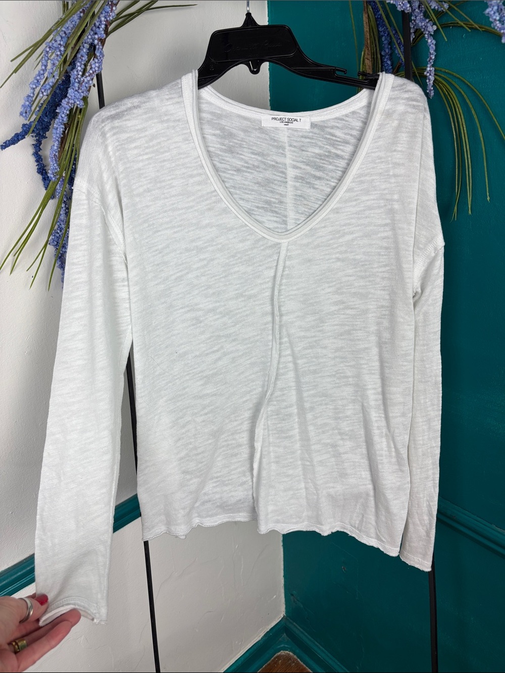 Project Social T White V-Neck Slub Long Sleeve Top